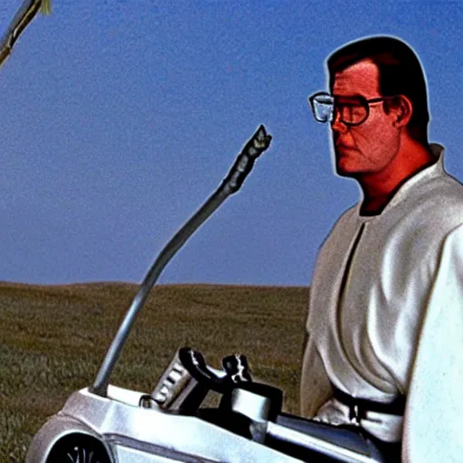 Image similar to Hank Hill as Ulrich von Liechtenstein in A Knight’s Tale, riding a lawn mower, on the moon, film still, anamorphic