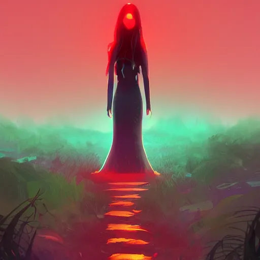 Prompt: an evil woman [ cursing a forest with red magic ]!, stands in the middle of a pathway in a timid forest, trending on cgsociety, digital art, illustrated by max hay and anton fadeev, bioluminescent atmosphere, back view, intricate