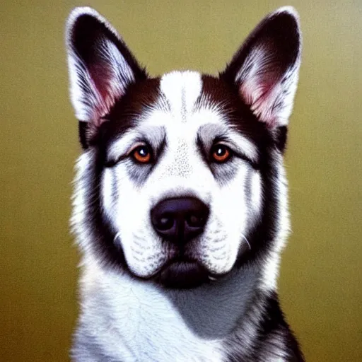 Image similar to a puppy portrait, husky, german shepherd, pit bull mix, blue eyes, caramel brown ears, symmetrical, vertical broad white stripe on face, realistic, cute, beautiful, detailed, artstation