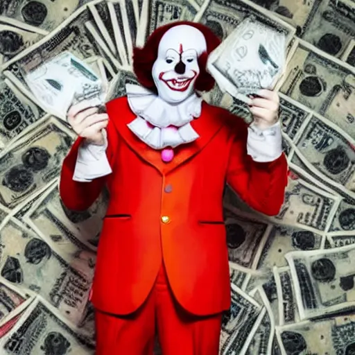 Image similar to Pennywise the clown wearing a suit and holding a stash of banknotes in his hands, full body shot, highly-detailed