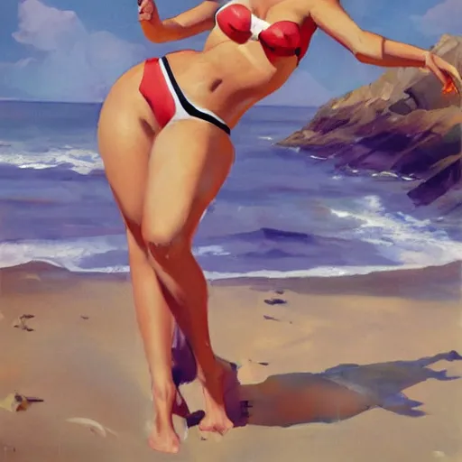 Image similar to greg manchess pinup painting of overwatch's tracer in a bikini, in a futuristic beach, 1 9 5 6