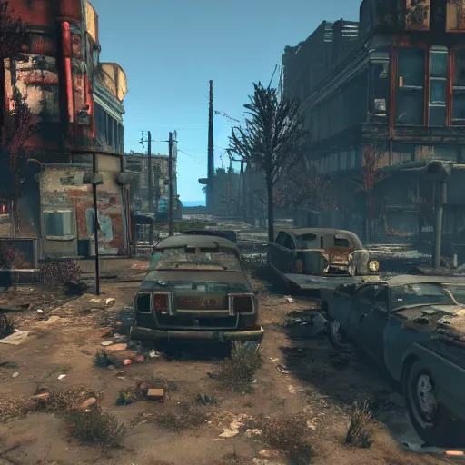 Image similar to Albuquerque, New Mexico in ruins post-nuclear war in Fallout 4, in game screenshot