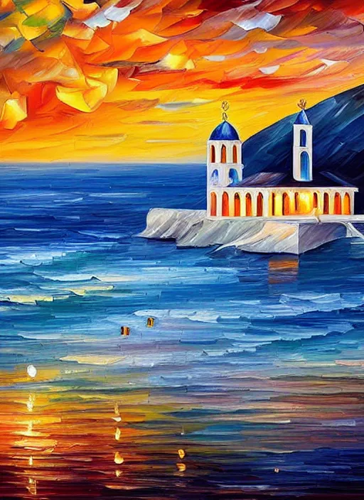 Image similar to beautiful seaside greek chapel surrounded by a village at sunset in the style of leonid afremov