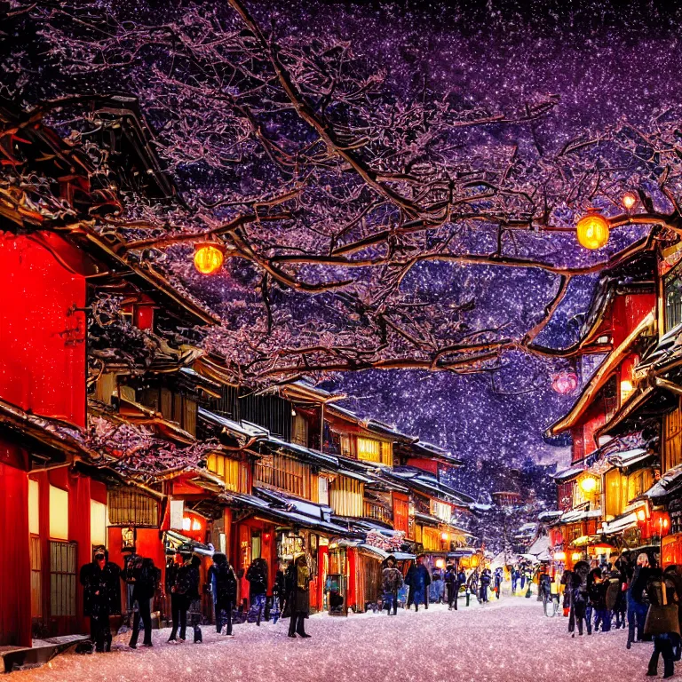 Prompt: illustration of kyoto with many lights and lens flares, snowy winter christmas night