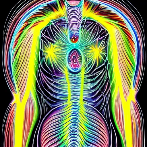 Image similar to painting of a human body connecting with the universe in the style of Alex Grey. black and white, detailed, fractals, sharp