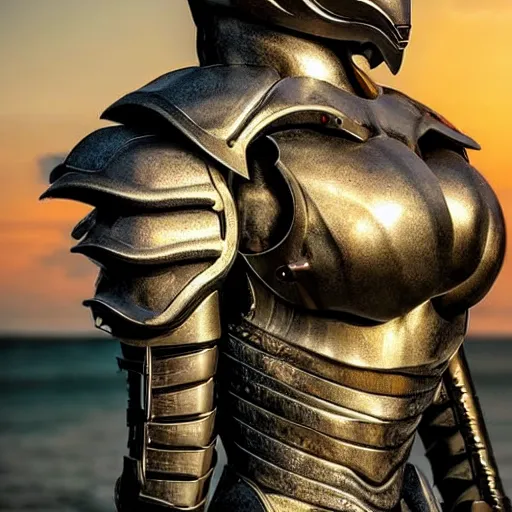 Image similar to chest up shot, realistic detailed stunning beautiful armored humanoid robot anthropomorphic female dragon, looking to the side with an elegant pose of hand on hip, smooth and streamlined armor and design made of steel, sharp claws and sharp teeth, high quality head, Slick LEDs, on the beach during sunset, high quality, cinematic art, sci fi, sunset lighting, 3D render, 8k, artstation, deviantart, furaffinity