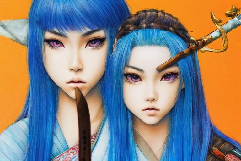 Image similar to highly detailed beautiful photo of madison beer as a young female samurai, swinging her sword, symmetrical face, beautiful eyes, cobalt blue hair, realistic anime art style, 8 k, award winning photo, pastels colours, action photography, 1 / 1 2 5 shutter speed, sunrise lighting