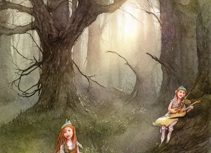 Prompt: young elf girl singing in the forest with fairy lights, light ground fog, river, detailed fantasy watercolor comic style, subtle colors, by alan lee and tony sart