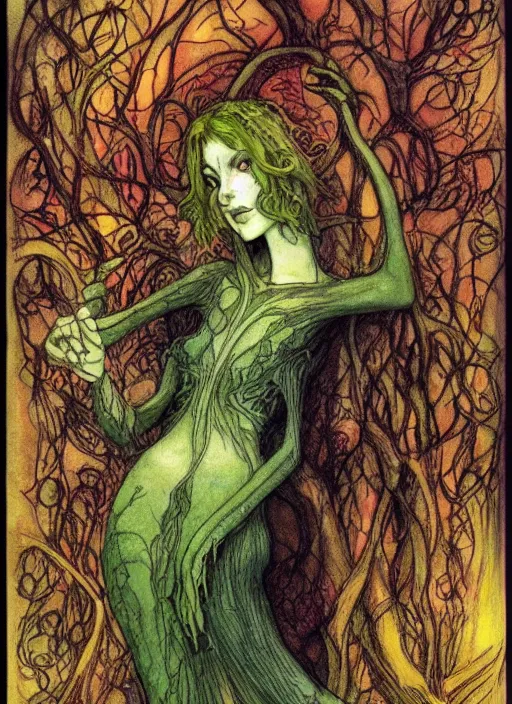 Image similar to junoesque curvaceous fey queen, vine dress, glowing forest, strong line, eerie color, beautiful! coherent! by brian froud