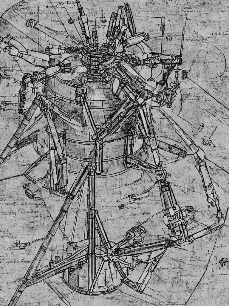 Prompt: Illustrated mechanical diagram of a Apollo Moon Lander on paper by Leonardo da Vinci, hyper realistic, high details, infographic, marginalia