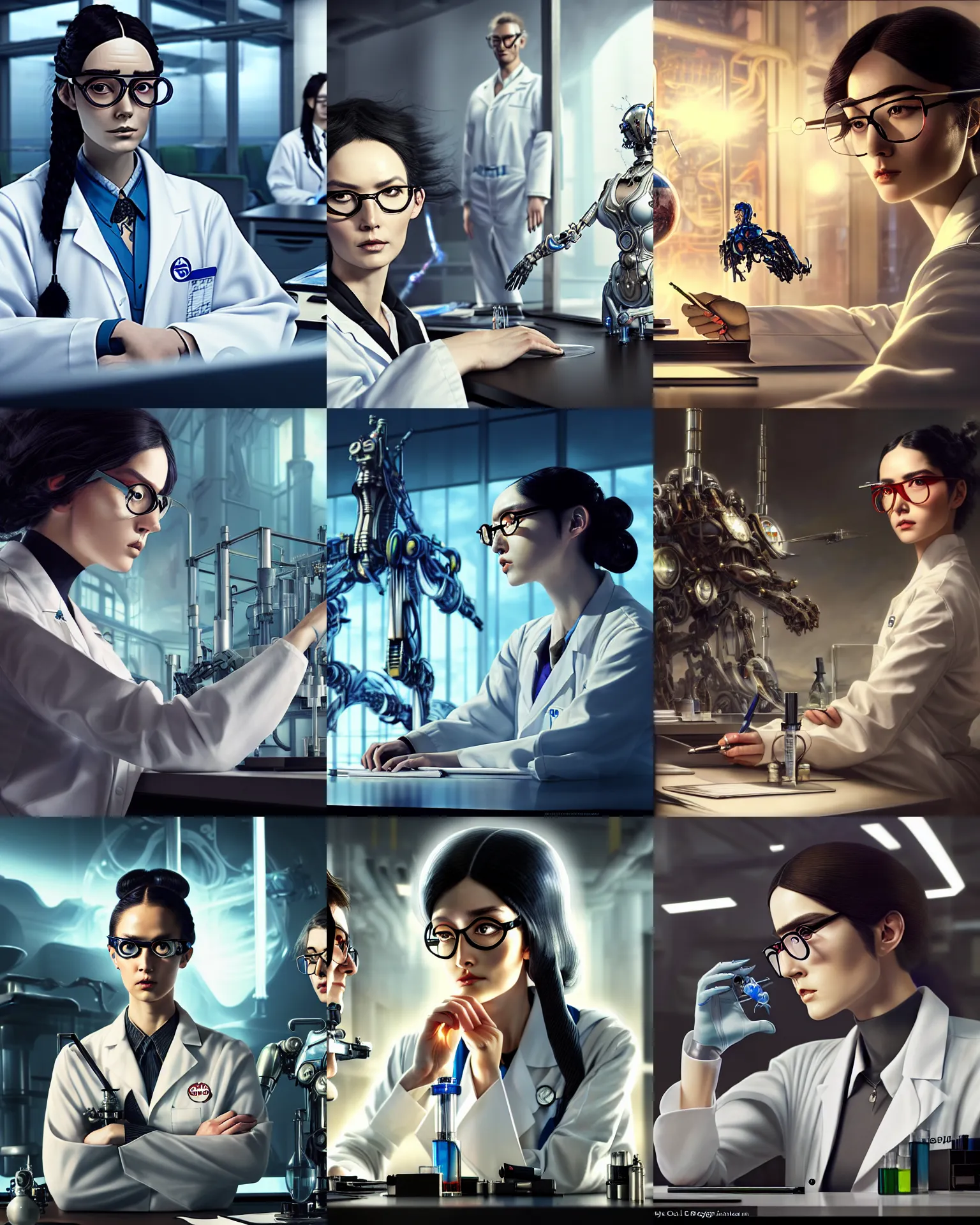 Prompt: karol bak and tom bagshaw and ayami kojima full body character portrait of a beautiful nerdy scientist wearing glasses, at a work desk thinking intensely, wearing combination of lab - coat and mecha suit, laboratory in the background, photorealistic, hyper realism, unreal engine, 4 k digital camera, sharp focus, movie still