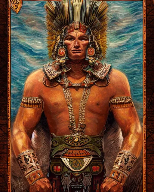 Prompt: digital painting of an aztec nagual by filipe pagliuso and justin gerard, symmetric, fantasy, detailed, intricate, sharp focus, tarot card, gwent