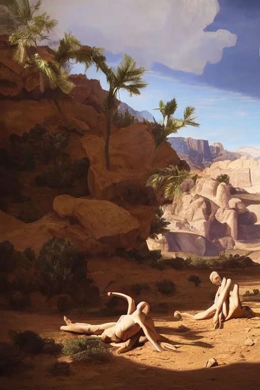 Prompt: a vast and lush desert valley in the style of caravaggio, with a parametric statue of a metallic human in the middle of the foreground, oil painting, raytracing, 8 k, octane render, volumetric, vivid, beautiful, hyperrealism