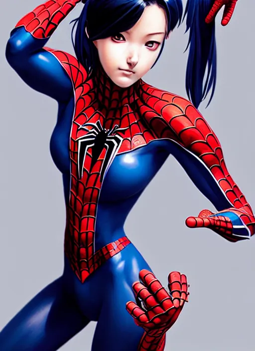 Image similar to full-body portrait Anime spiderman cosplay girl cute-fine-face, pretty face, realistic shaded Perfect face, fine details. Anime. realistic shaded lighting by katsuhiro otomo ghost-in-the-shell, magali villeneuve, artgerm, rutkowski Jeremy Lipkin and Giuseppe Dangelico Pino and Michael Garmash and Rob Rey