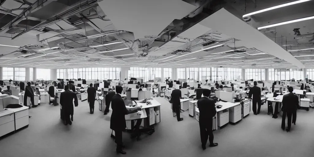 Image similar to a large office filled with hundreds of depressed workers in suits working in their cubicles, low angle, dramatic lighting