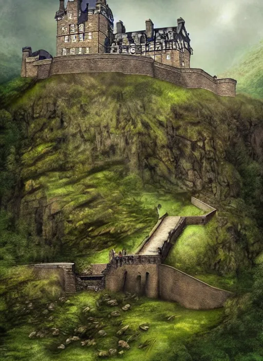 Image similar to a beautiful digital graphics design portrait of Edinburgh castle overgrown with plants, caledonian forest, matte painting, fantasy art, highly detailed