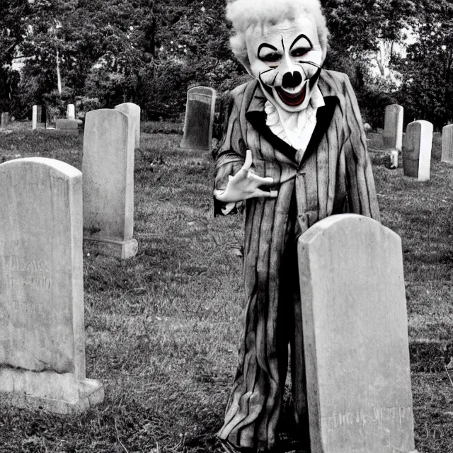 Prompt: creepy clown in a cemetary, photo by william eggelston