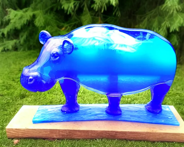 Image similar to a sculpture of hippo baby, bottom half wood carved, top half blue translucid resin epoxy, cubic blocks, side view centered, mixmedia, transparent,