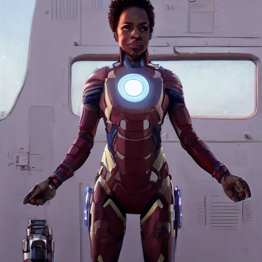 Image similar to highly detailed an african american woman in with the ironman suit from the future gta v, stephen bliss, unreal engine, fantasy art by greg rutkowski, loish, rhads, ferdinand knab, makoto shinkai and lois van baarle, ilya kuvshinov, rossdraws, tom bagshaw, global illumination, radiant light, detailed and intricate environment