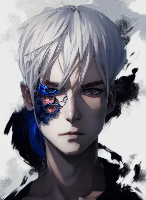 Image similar to highly detailed anime krenz cushart portrait art of a half skull face, white hair, black and blue eyes, white shirt, ross tran, vd, intricate, digital art, sharp focus, illustration, alphonse mucha