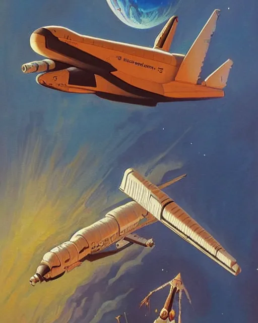 Prompt: a painting of a space shuttle and a space shuttle, concept art frank frazetta and jean giraud and dariusz zawadzki, trending on pinterest, space art, sci - fi, concept art, redshift