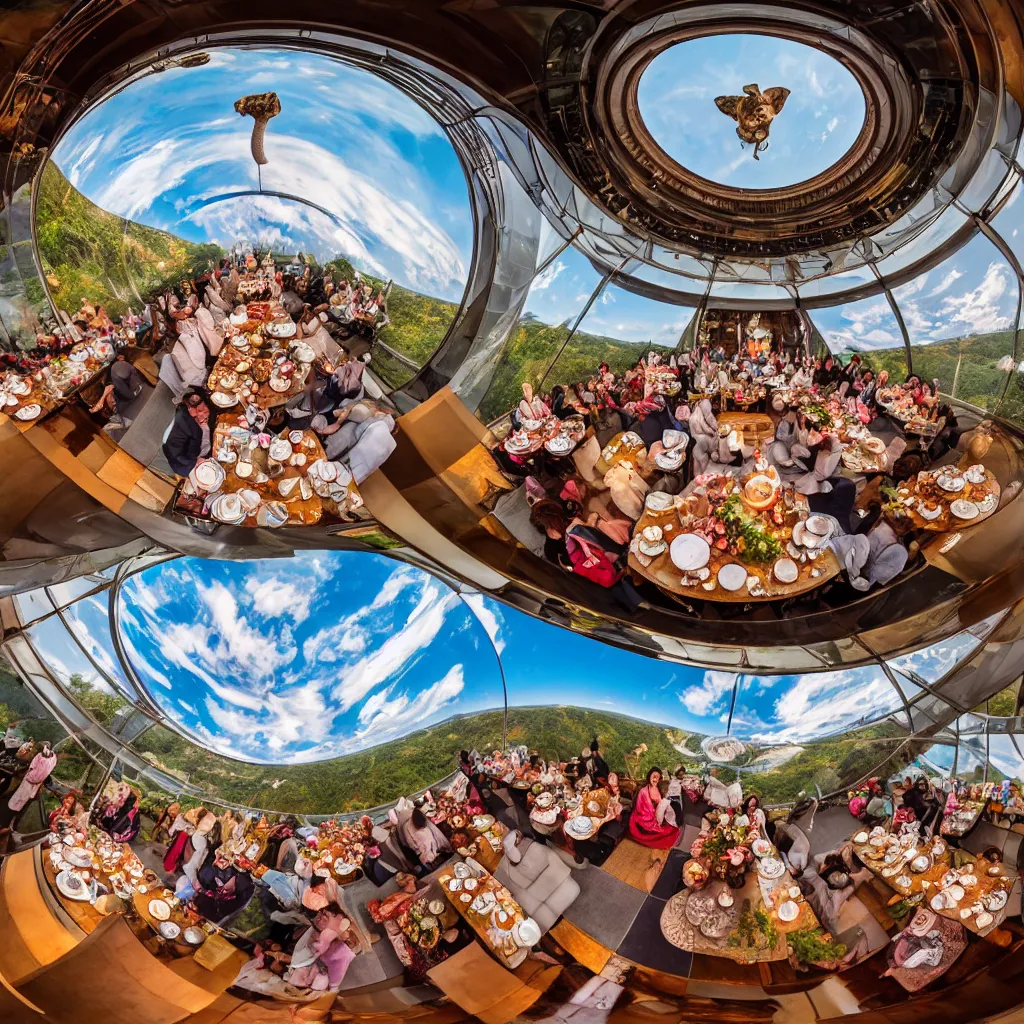 Image similar to elephant tea party, high tea, on a bridge, fulldome, 1 8 0 degree fisheye, 4 k,