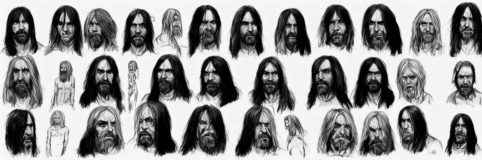 Image similar to character study of charles manson and iggy pop, clear faces, wild, crazy, character sheet, fine details, concept design, contrast, kim jung gi, pixar and da vinci, trending on artstation, 8 k, full body and head, turnaround, front view, back view, ultra wide angle