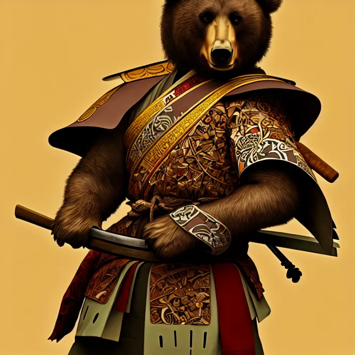 Image similar to anthropomorphic samurai bear, diffuse lighting, fantasy, intricate, highly detailed, lifelike, photorealistic, digital painting, artstation, illustration, concept art, smooth, sharp focus, art by alphonse mucha and stan sakai