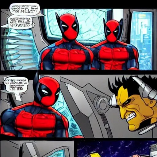 Prompt: Wolverine and Deadpool playing a videogame on board of a spaceship