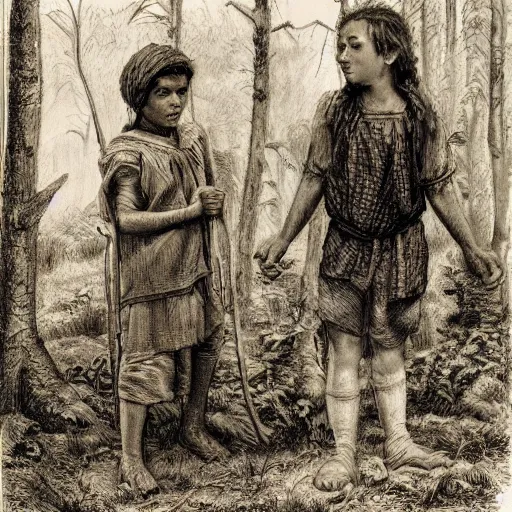 Image similar to a young, poor peasant brother and sister in the forest, wearing peasant clothing, by james gurney and ivan shiskin