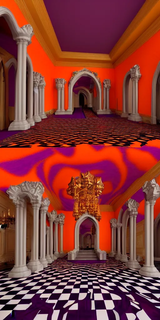 Prompt: lavish interior of tall magical castle interior with marble checkerboard floors and marble pillars, deep purple and orange, rendering, digital artwork, ray tracing