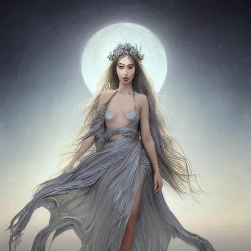 Image similar to epic portrait moon goddess, beauty, pretty face, glossy skin, long gray flowing hair, blurry backround pyramids, digital painting, artstation, concept art, soft light, hdri, smooth, sharp focus, illustration, fantasy, intricate, elegant, highly detailed, D&D, matte painting, in the style of Greg Rutkowski and Alphonse Mucha and artemisia, 8k, highly detailed, jurgens, rutkowski, bouguereau, pastoral, rustic, georgic