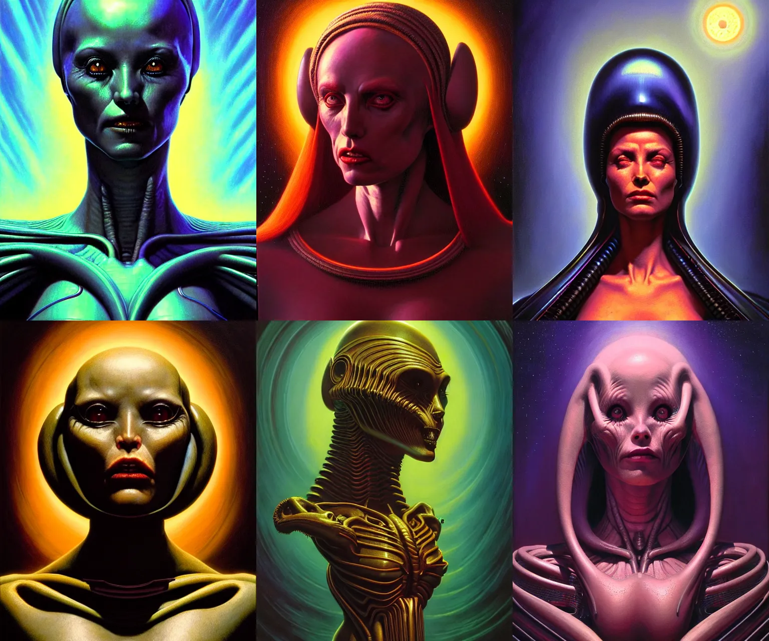 Prompt: cinematic bust portrait of benevolent female extraterrestrial queen, head and chest only, exotic alien features, Tim Hildebrandt, Wayne Barlowe, Bruce Pennington, donato giancola, h.r.giger, oil on canvas, masterpiece, trending on artstation, featured on pixiv, cinematic composition, dramatic pose, beautiful lighting, sharp, details, hyper-detailed, HD, HDR, 4K, 8K