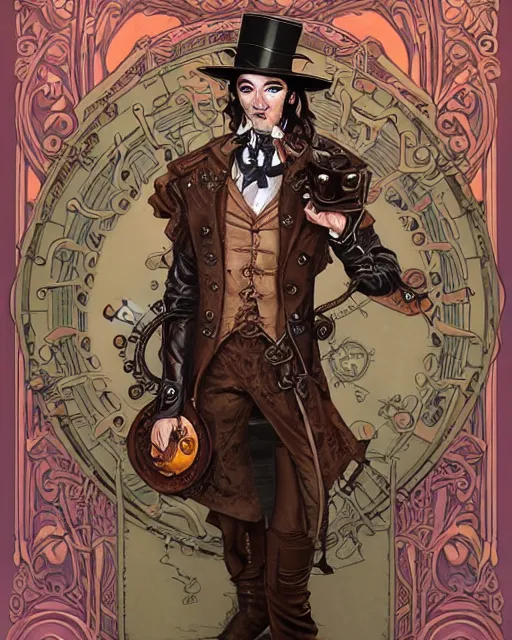 Prompt: a detailed portrait illustration of a steampunk songmage - bard. handsome male face, female body. art nouveau, pop art, comic book style. influenced by neil gaiman, h. p. lovecraft, dan mumford, brian froud, vadim voitekhovitch, killian eng, ross tran, ed emshwiller.