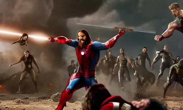 Image similar to jesus christ fighting alongside the avengers, using his cross as weapon, photorealistic, cinematic lighting, extremely detailed, marvel cinematic universe