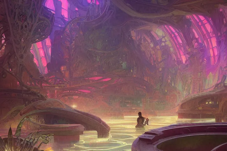 Prompt: concept digital art highly detailed alien art deco cybertronian lazy river inside of the palace of the primes with glowing pink water at night by greg rutkowski, ilya repin, alphonse mucha, and edmund blair leighton. very highly detailed 8 k, digital painting in style of hiromasa ogura ghost in the shell, the golden ratio, rational painting