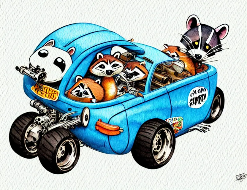 Image similar to cute and funny, racoon riding in a tiny hot rod with oversized engine, ratfink style by ed roth, centered award winning watercolor pen illustration, isometric illustration by chihiro iwasaki, edited by range murata, tiny details by artgerm and watercolor girl, symmetrically isometrically centered