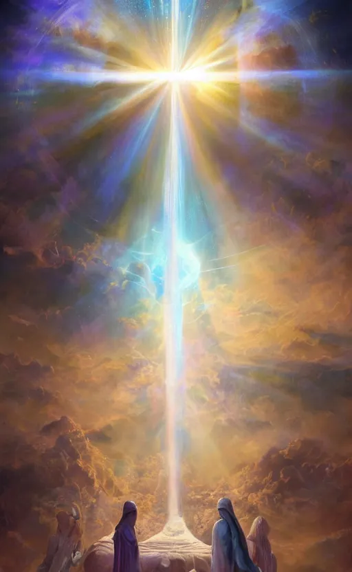 Image similar to crossing over the spiritual veil to heaven, sharp focus, intricate, elegant, digital painting, artstation, matte, highly detailed, concept art, illustration, volumetric lighting, gold and blue and pink color scheme, bokeh light, art by greg olsen, arnold friberg, and liz lemon swindle