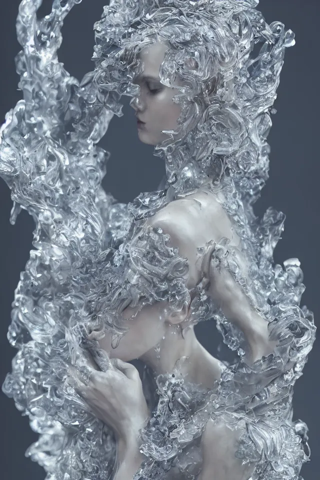 Image similar to a sculpture made of water and crystal, bust, portrait, fashion model, future, harper's bazaar, vogue, magazine, insanely detailed and intricate, concept art, ornate, luxury, elite, elegant, trending on artstation, by Ruan Jia, Kenneth Willardt, Ross Tran, WLOP, Andrei Riabovitchev.