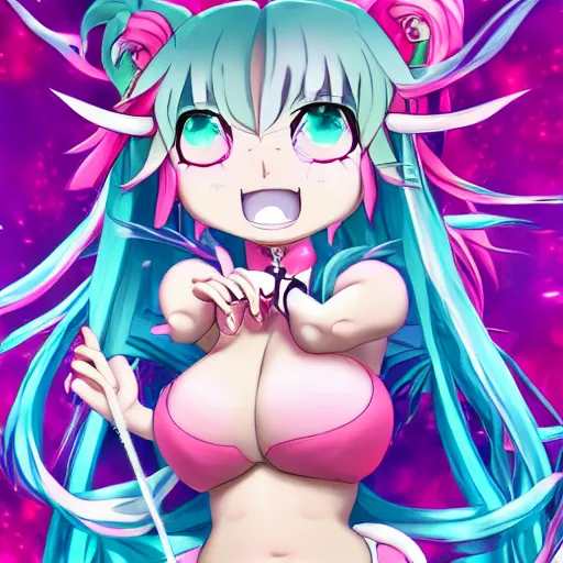 Image similar to stunningly beautilful omnipotent megalomaniacal anime goddess who looks like junko enoshima with symmetrical perfect face and porcelain skin, pink twintail hair and cyan eyes, taking control while smiling, mid view from below her feet taken in an extremely low angle, hyperdetailed, digital art, unreal engine 5, 2 d anime style, 8 k