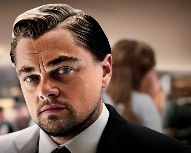 Image similar to margot r! dream leonardo dicaprio as the wolf of wall street, cinamtic, long shot, hyper detailed, very detailed face, 8 5 mm photograph, 8 k resolution, film still, sharp lens, wide lens