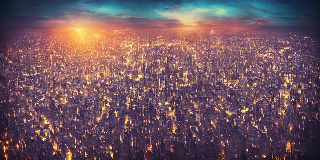 Prompt: ”surreal city floating in the sky, highly detailed, complex, beautiful sunset”