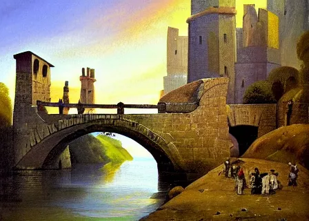 Image similar to modern stylized oil painting of medieval stone bridge, very very very beautiful, funny structure, romanticism by goya, bright art, cinematic dramatic lighting, plants and water