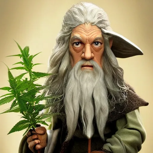 Prompt: Gandalf from the hobbit holding a marijuana plant, amazing digital art, trending on artstation, highly detailed-n 9