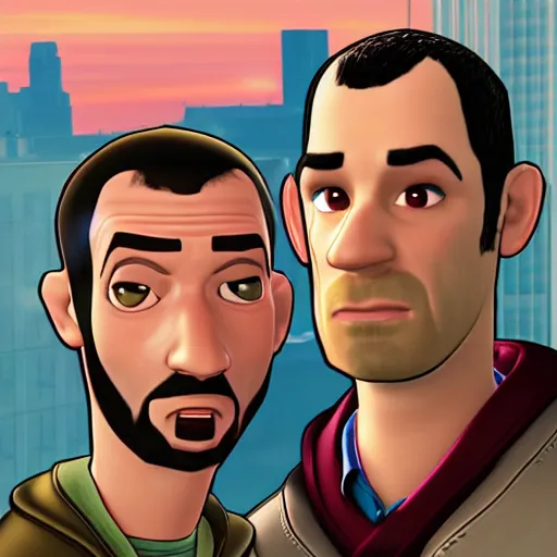 Image similar to niko and roman bellic from gta iv in disney pixar style