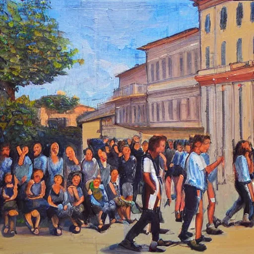 Prompt: teenegers with phones as head stend in front of a school in genoa. painting