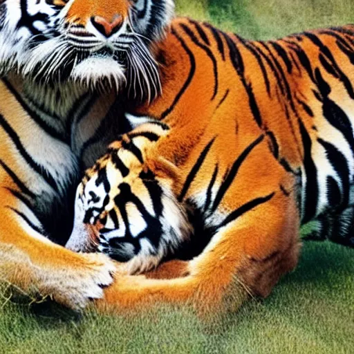 Image similar to a tiger hugging a man