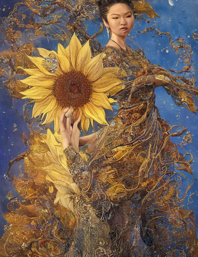 Image similar to a china cat sunflower walking proudly jingling in the midnight sun with a bodhi that drips a silver kimono Like a crazy quilt star gown through a dream night wind, intricate and complexly detailed wet oil painting, by Karol Bak and Tony Diterlizzi, influenced by Artgerm, golden hour scene, center perspective, multi-dimensional, 8k, octane rendering,