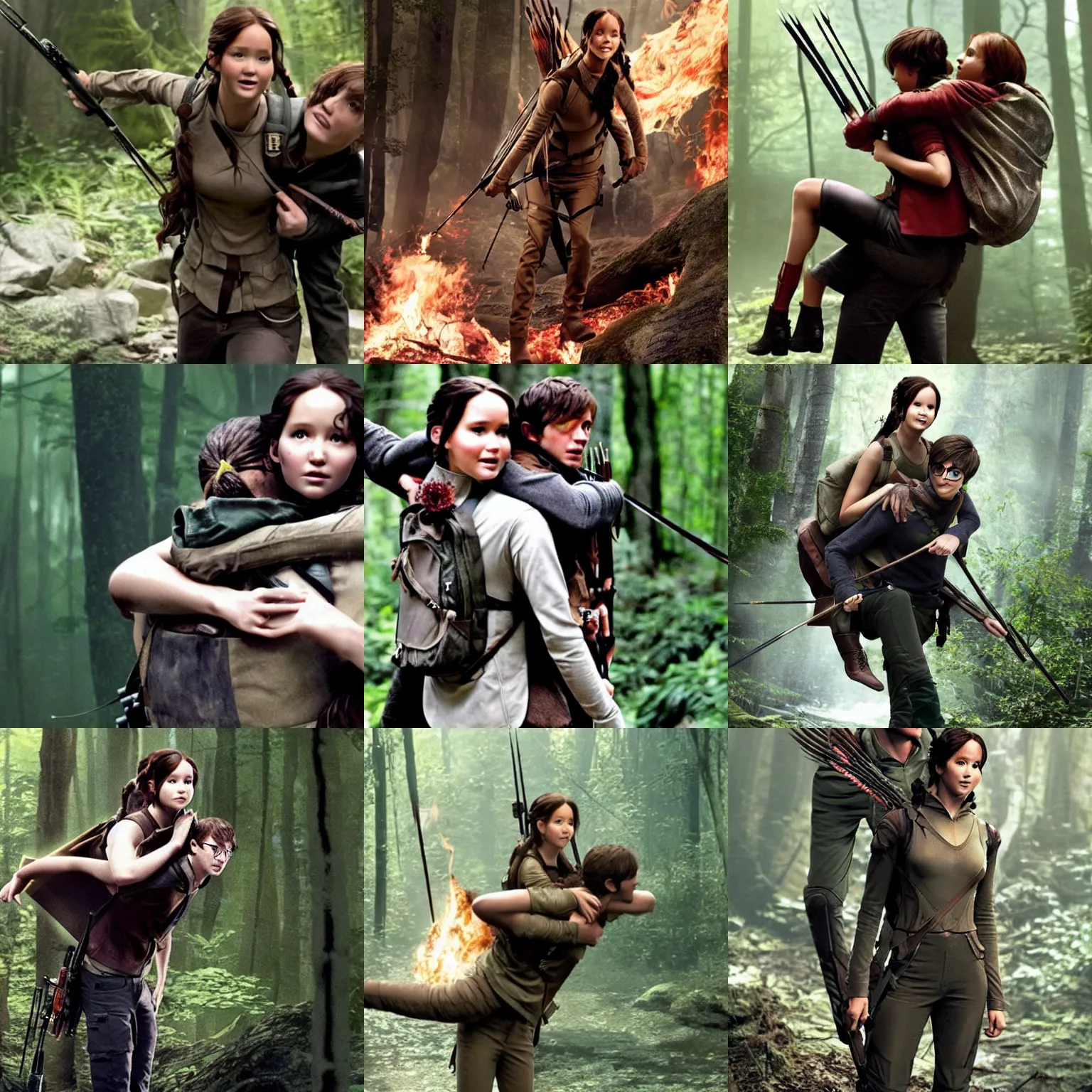 Prompt: Katniss Everdeen carrying Harry Potter on her back, on Dagobah