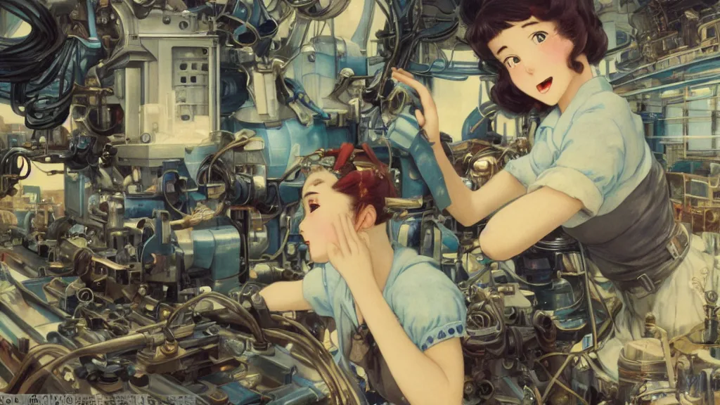 Image similar to a film still of a 1 9 5 0's mechanic anime girl working on a giant computer, finely detailed features, full body mid shot, perfect art, in the science laboratory, trending on pixiv fanbox, painted by gaston bussiere, makoto shinkai, akihiko yoshida, gaston bussiere, craig mullins, studio ghibli